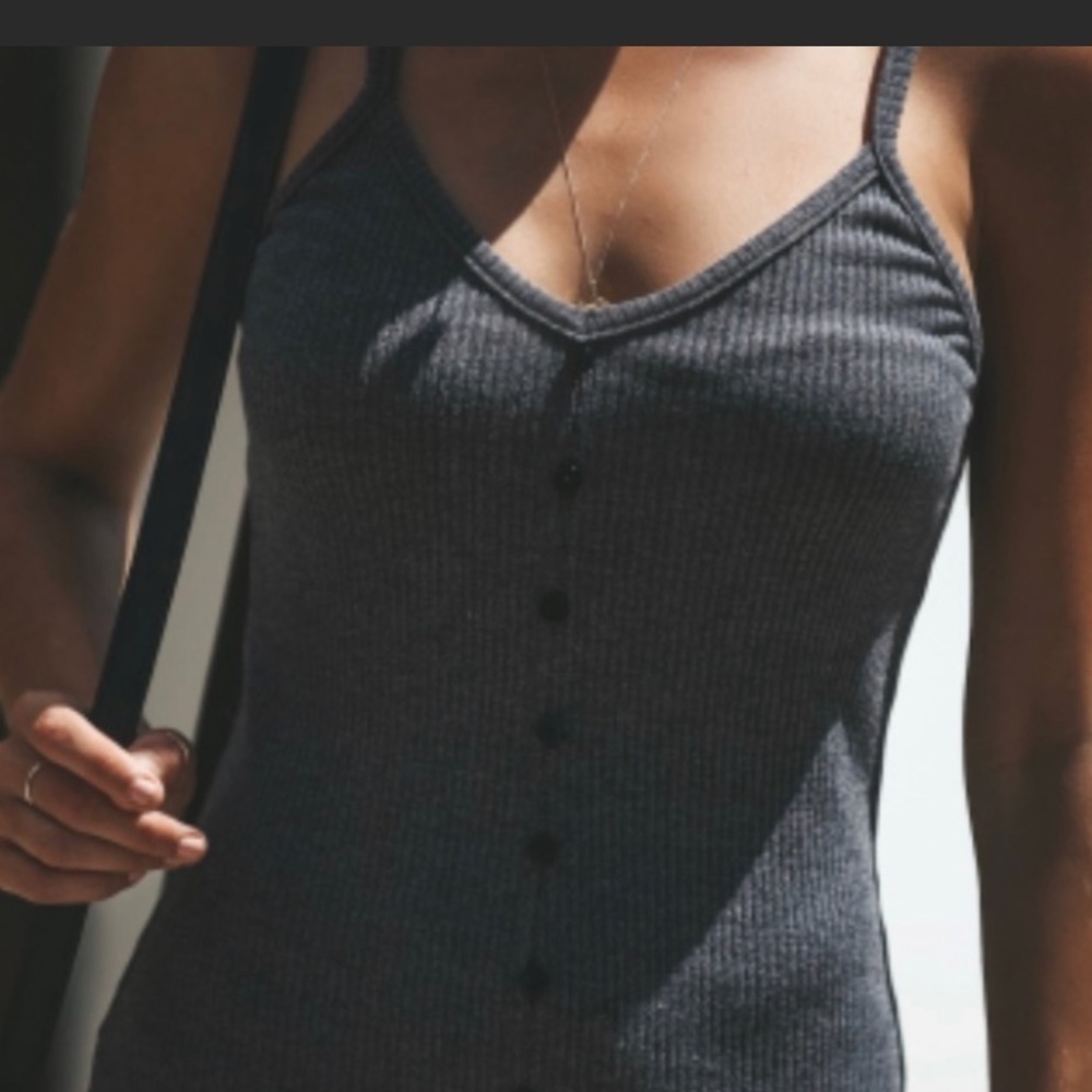 VICI Gray Ribbed Strap Spaghetti Strap Button Front Slit Midi Dress Women Large‎ - Picture 2 of 4